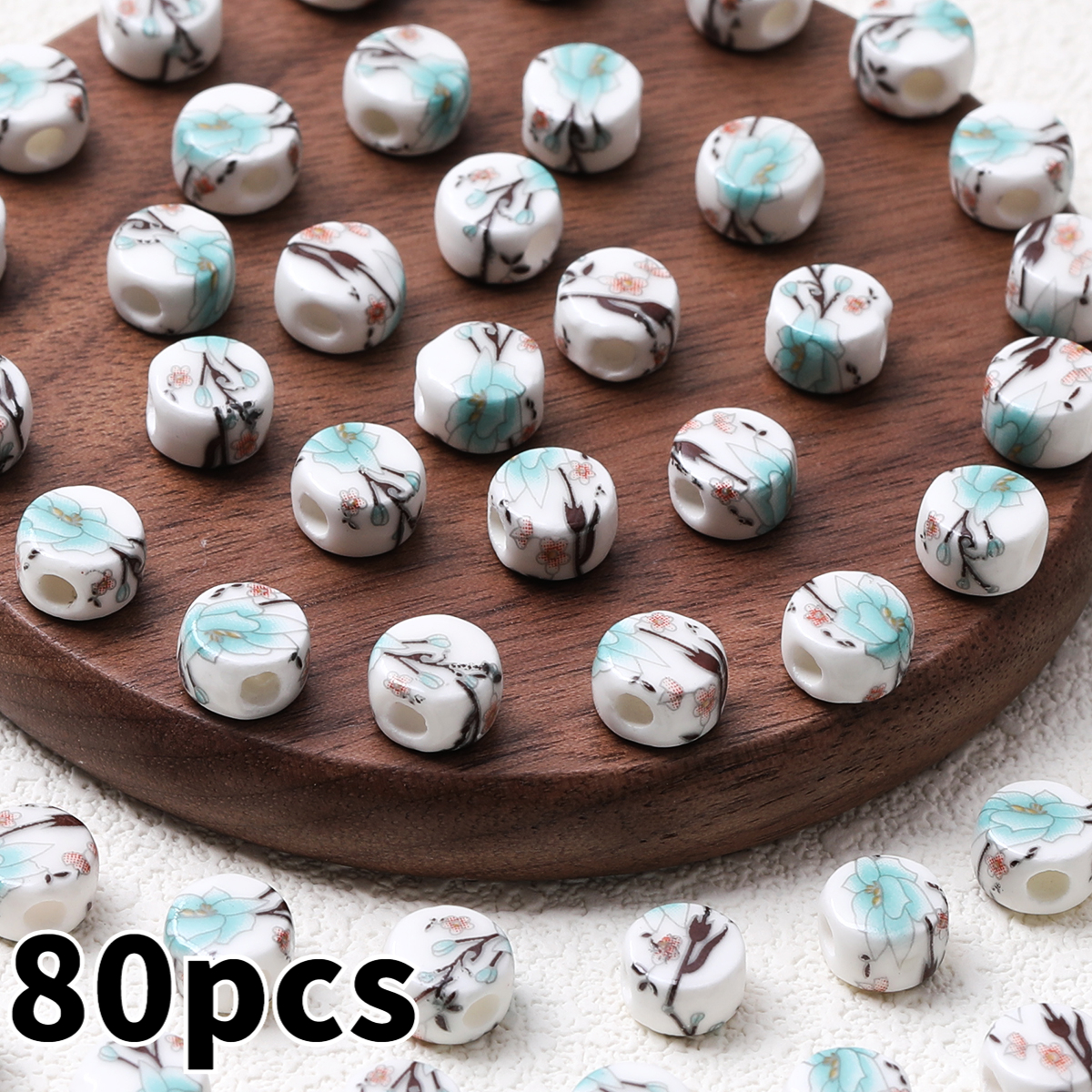 20pcs Random Color Flat Round Printed Flower Ceramic Beads
